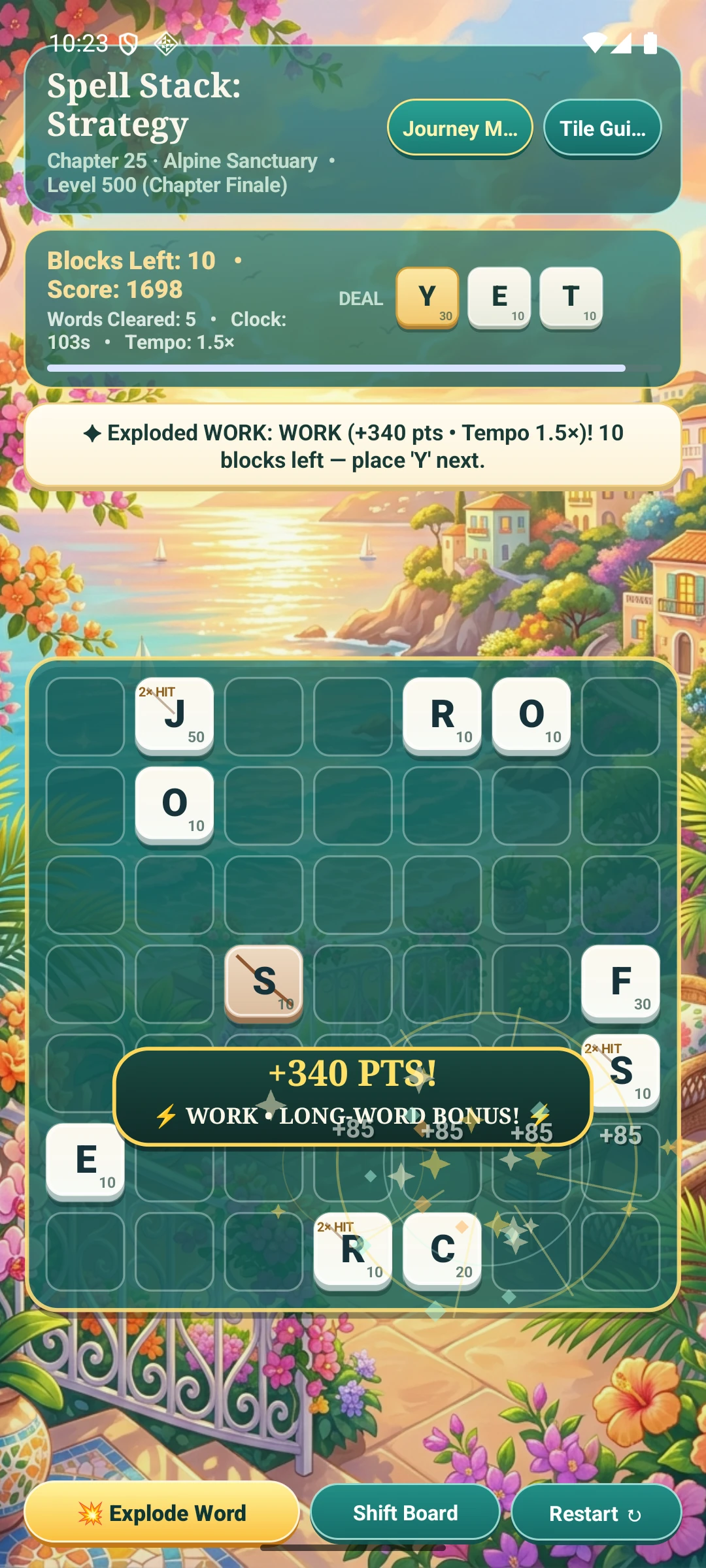 Strategy gameplay: a WORK clear triggers a long-word bonus and animated score bursts.