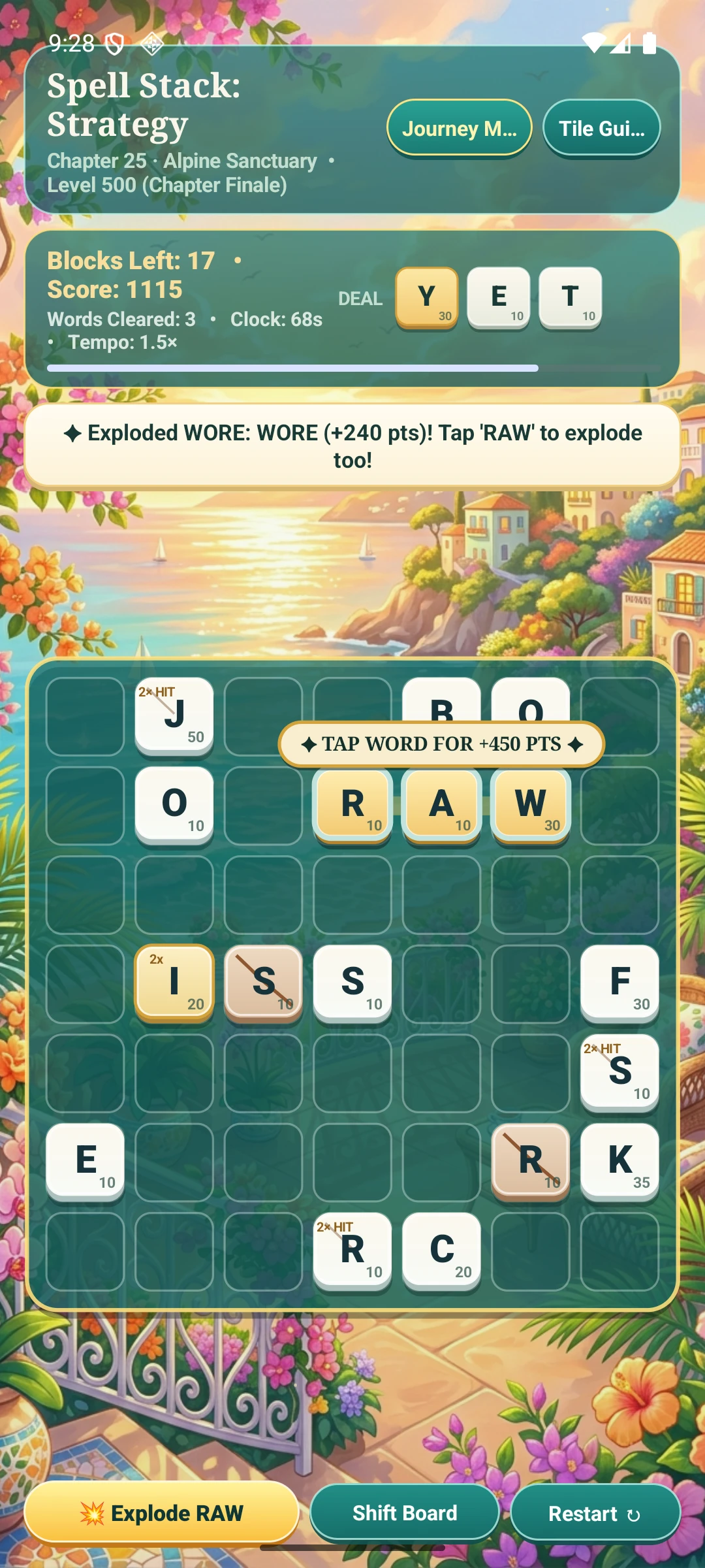 Spell Stack: Strategy gameplay with RAW highlighted in gold, special tiles, score and clock.