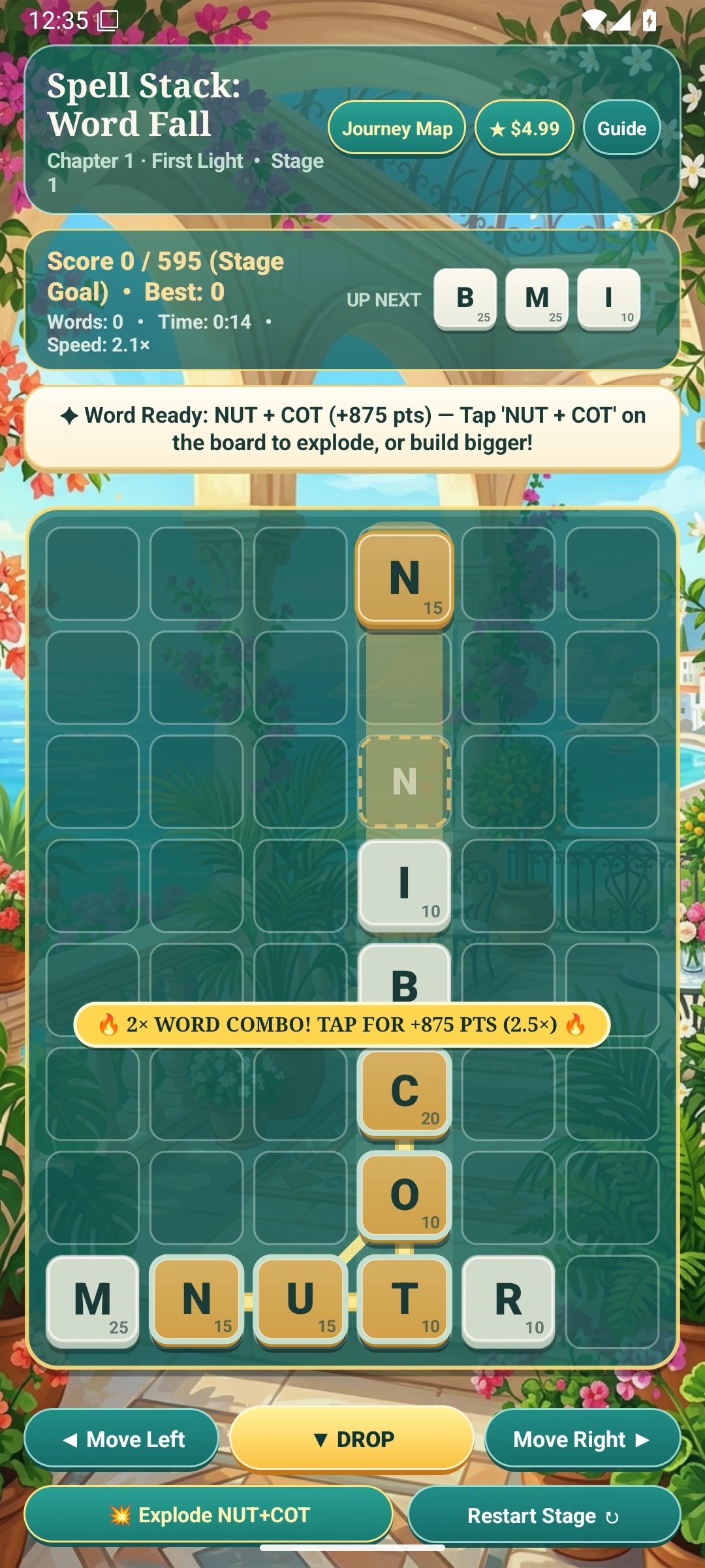 Word Fall gameplay: NUT and COT share the letter T, with a 2-word combo and +875 points banner.